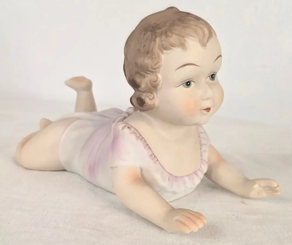 Vtg UCGC Bisque Porcelain Piano Baby Girl Crawling Figurine 5 1/2
